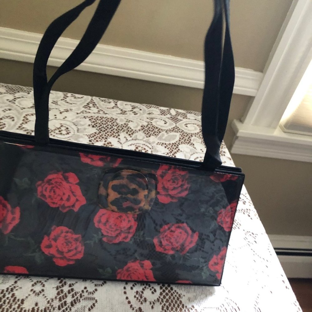 Angela Frascone NWT Black Patent Leather Handbag with Red Roses
